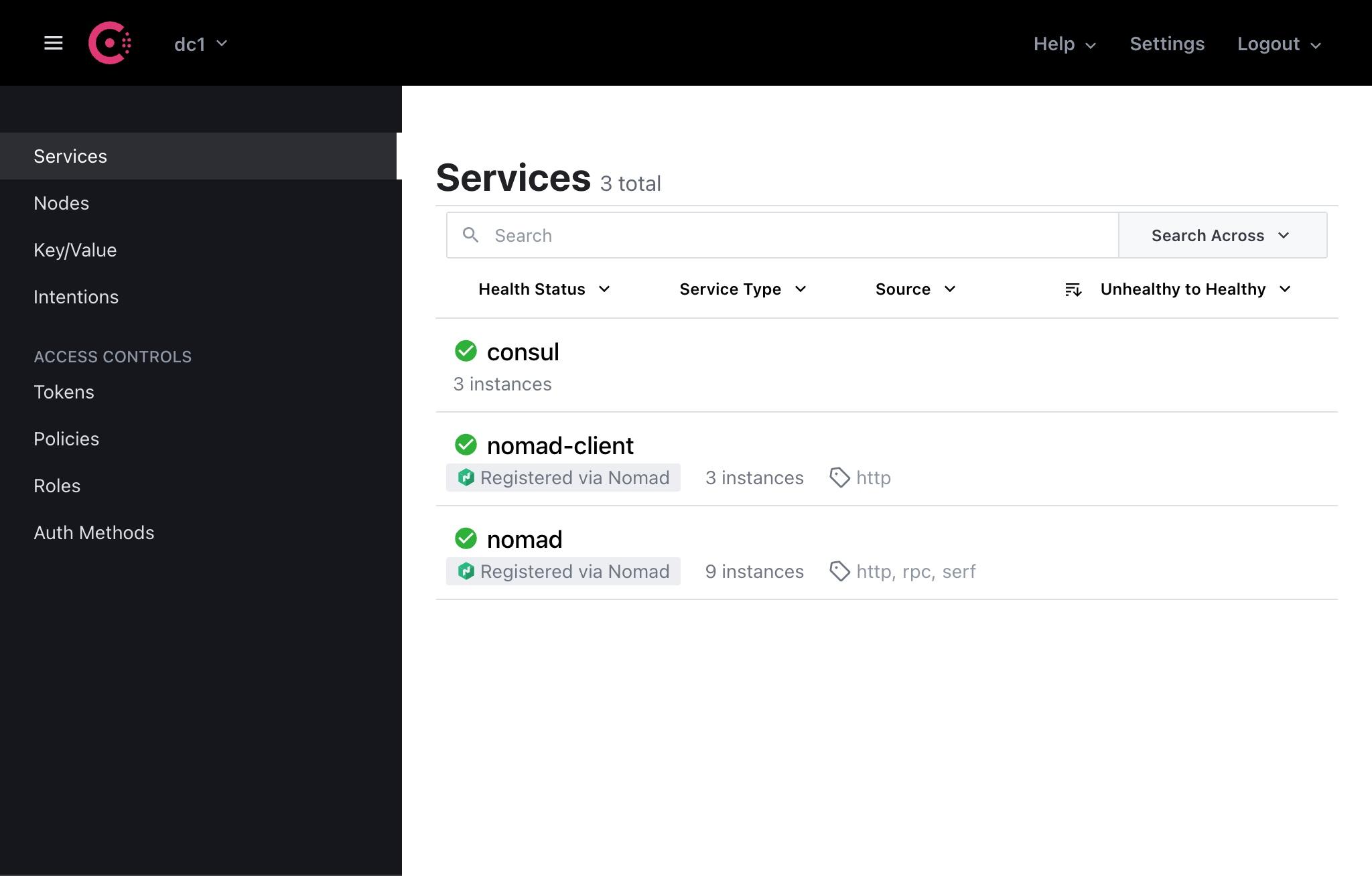 Consul UI Services page