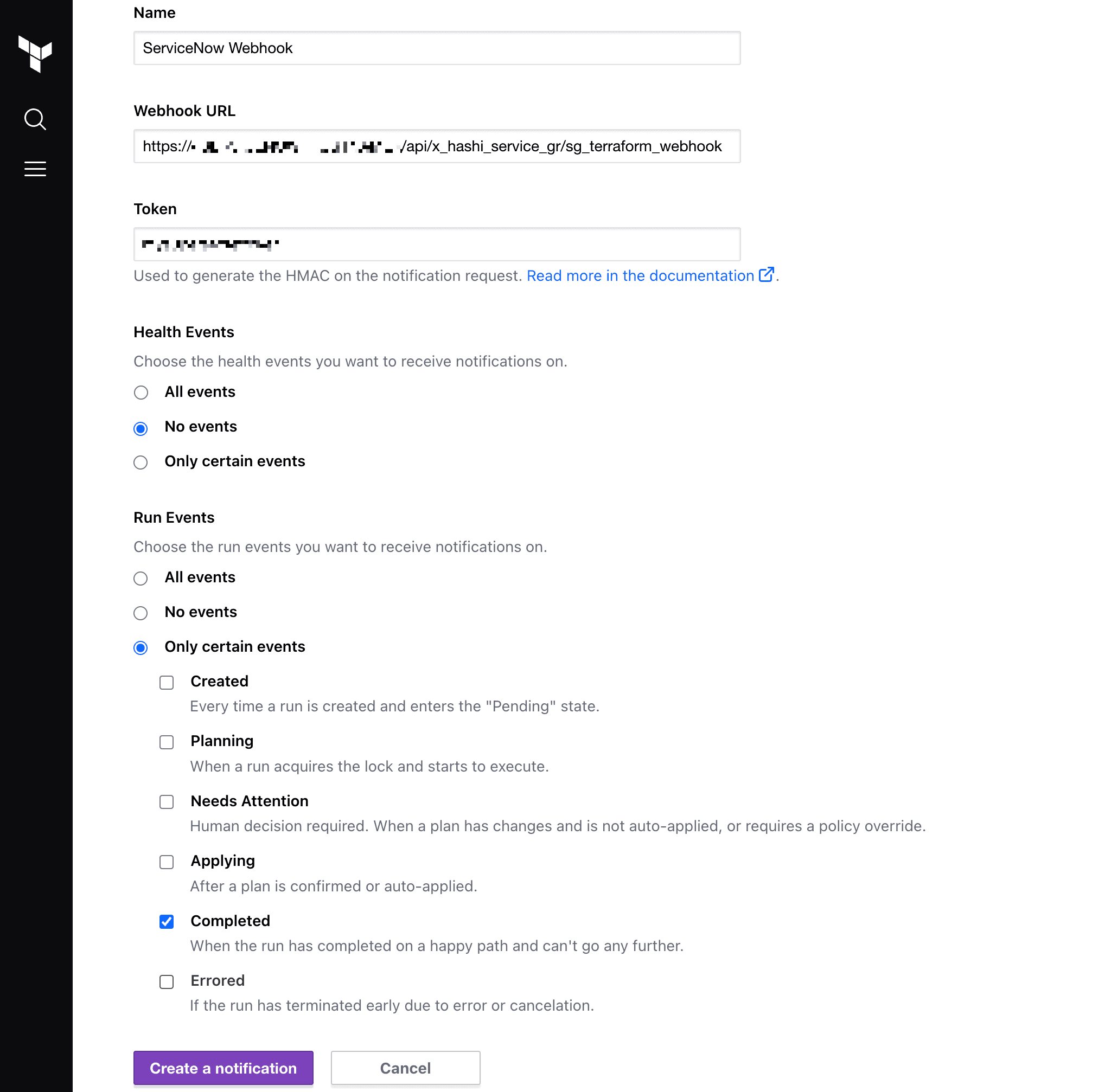 HCP Terraform notification creation screen, showing a webhook pointing to ServiceNow which is only triggered on completed runs