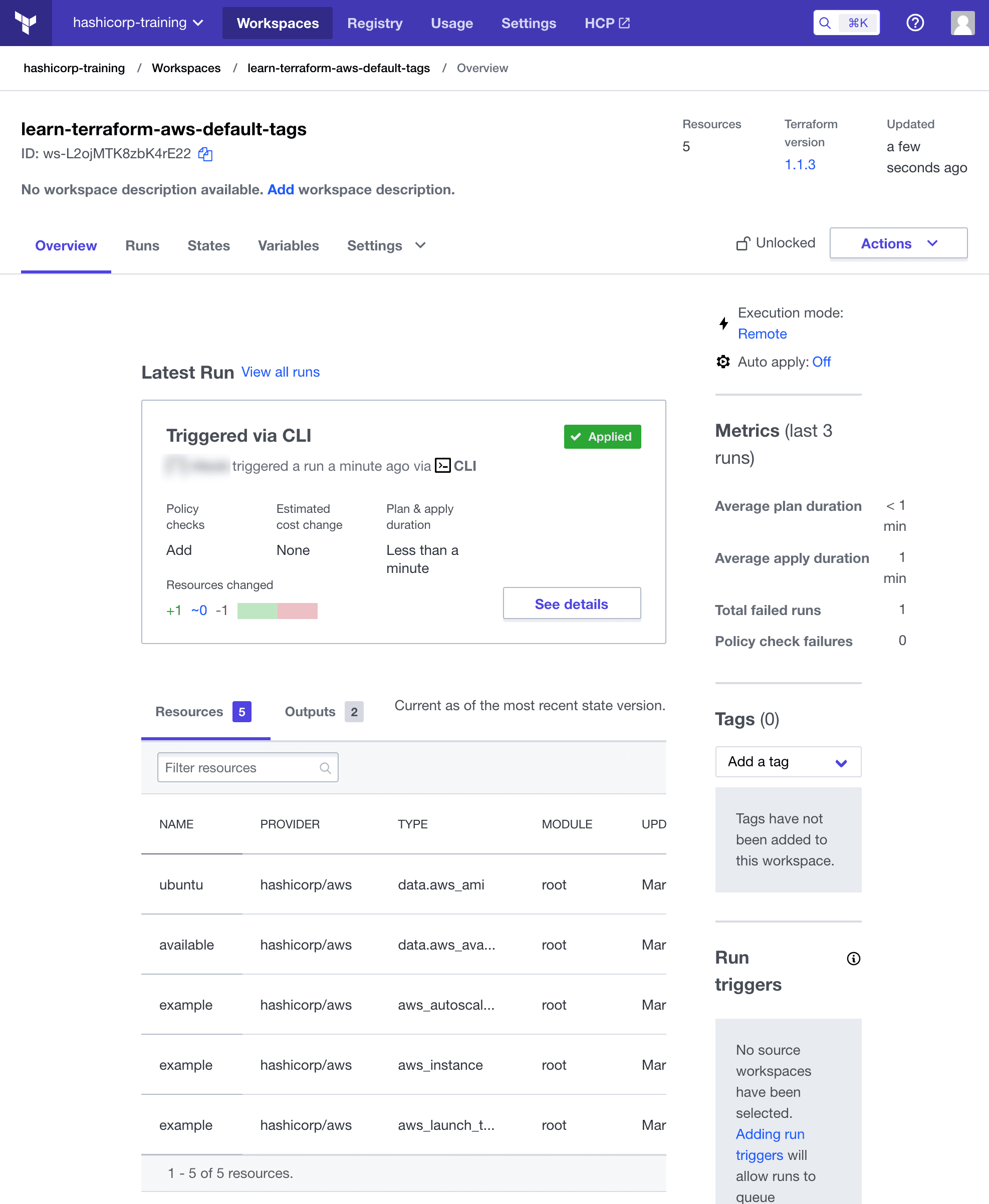 HCP Terraform workspace overview